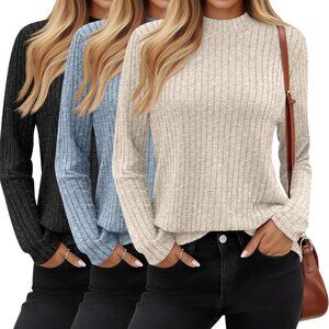3 Pack Women's Lightweight Sweaters Basic Slim Fitted Mock Neck Long Sleeve